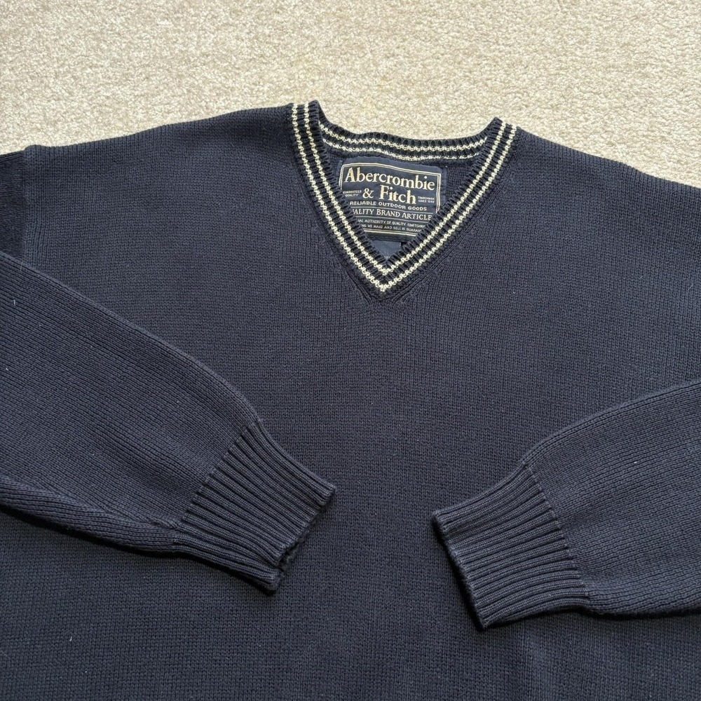 Vtg Abercrombie & Fitch Sweater Mens Medium Navy Blue V Neck Knit Pullover 90s